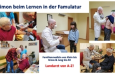 Collage mit Bildern eines Famulanten in einer Arztpraxis, der Patienten unterschiedlichen Alters betreut: Blutdruckmessung bei einem älteren Mann, Gespräch mit einem Mädchen, Rückenauskultation eines Patienten und Untersuchung eines älteren Herrn.