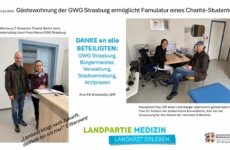 Collage mit Fotos eines Charité-Studenten bei der Schlüsselübergabe durch die GWG Strasburg und im Gespräch mit einer Hausärztin, mit Danksagung an Beteiligte und dem Motto "Landpartie Medizin - Landarzt erleben."